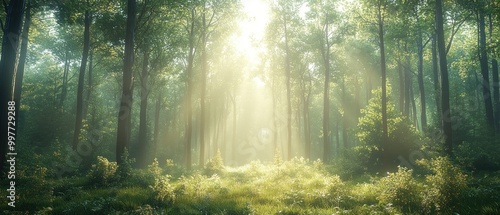 A forest with sunlight shining through the trees