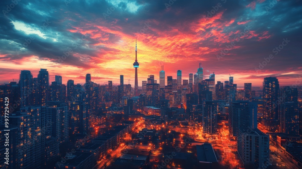 Obraz premium A city skyline with a large tower in the middle