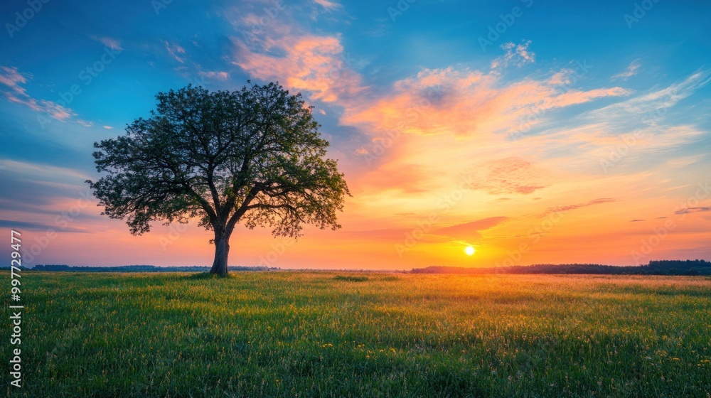 A tree stands in a field with a beautiful sunset in the background A tree stands in a field with a beautiful sunset in the background