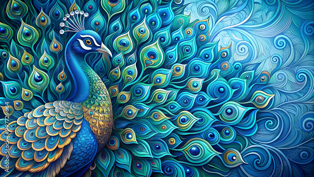 Fototapeta premium Abstract blue peacock design with intricate patterns and vibrant colors, peacock, bird, abstract, blue, feathers, colorful