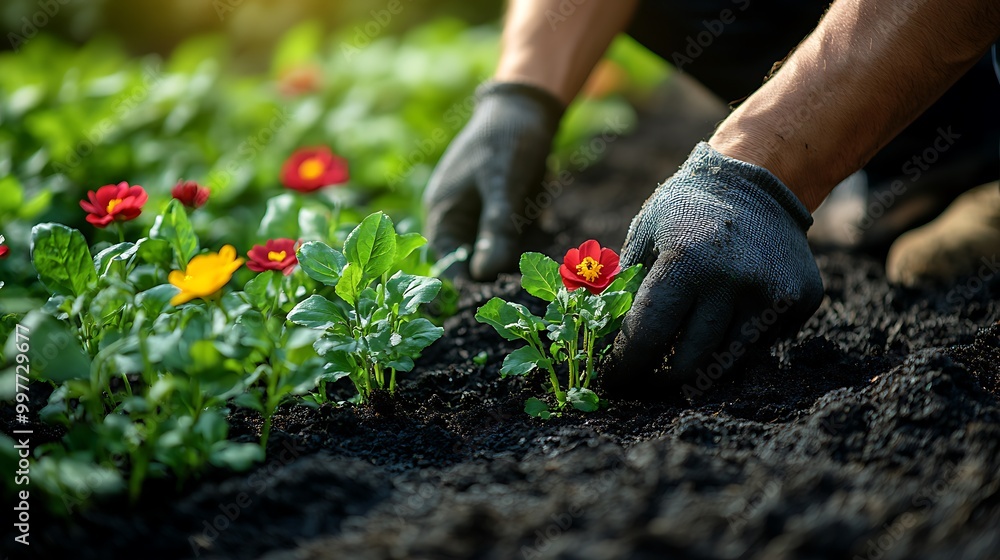 Fototapeta premium Close-up of a gardener digging a hole in the garden bed, preparing the soil for planting vibrant flowers, sunlight shining on the green plants and dark soil, creating a sense of peaceful productivity.