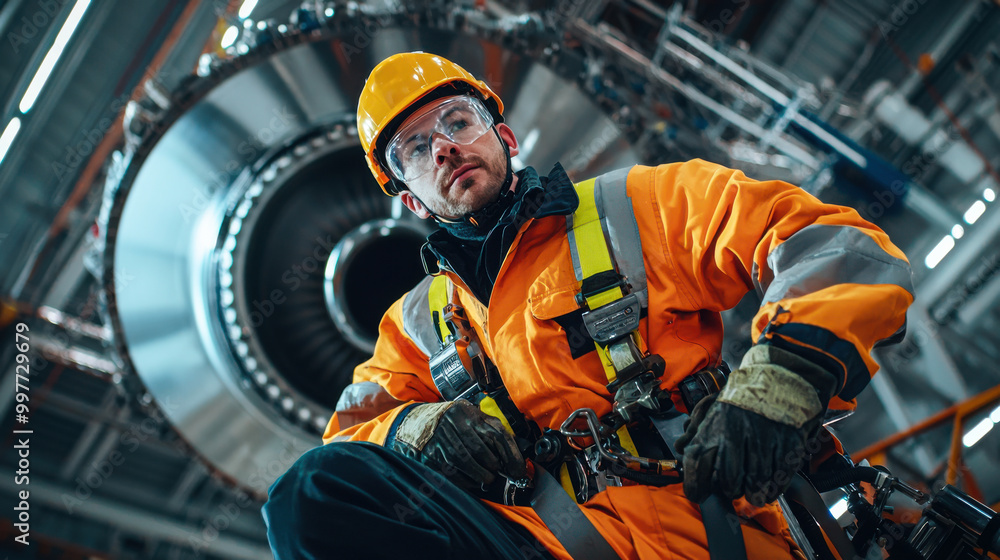 A focused technician in safety gear inspects machinery at an industrial site, showcasing dedication and professionalism. A focused technician in safety gear inspects machinery at an industrial site, showcasing dedication and professionalism.