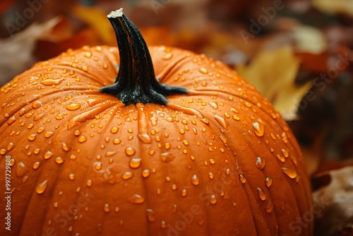 Close-Up of Pumpkin with Raindrops on Its Surface
