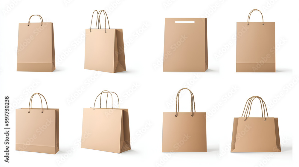 Set of paper shopping bag, file of isolated cut-out object on white background, mockup template for the design, Shopping sale delivery concept Set of paper shopping bag, file of isolated cut-out object on white background, mockup template for the design, Shopping sale delivery concept