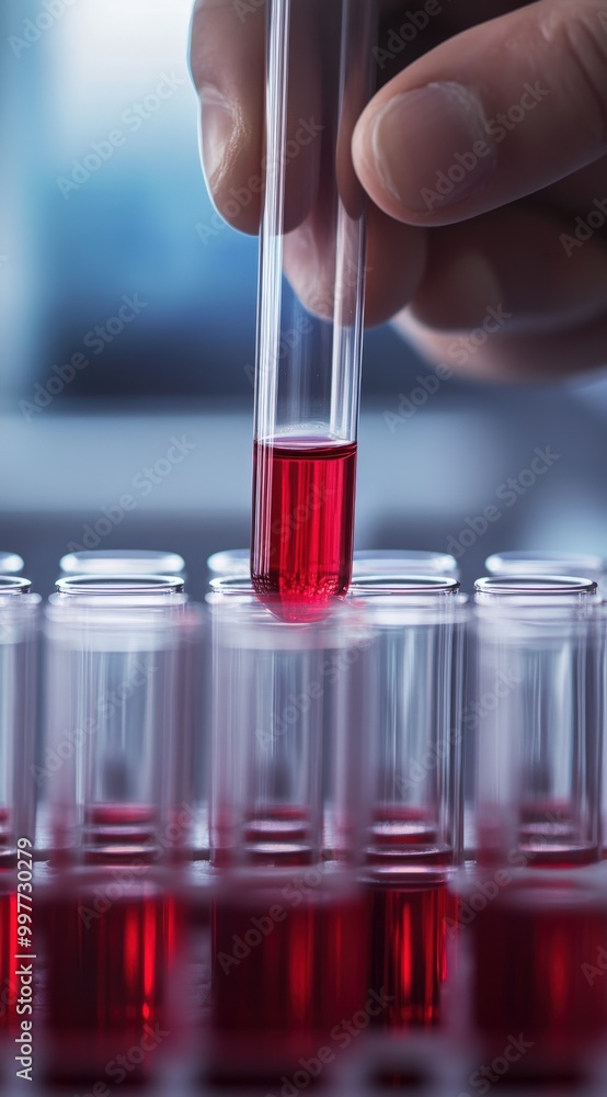 A hand holds a test tubes filled with red liquid, showcasing a laboratory setting focused on scientific analysis. A hand holds a test tubes filled with red liquid, showcasing a laboratory setting focused on scientific analysis.