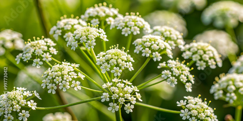 A close-up shot of poison hemlock white flowers in bloom , poison hemlock, white flowers, toxic plant, deadly, poisonous