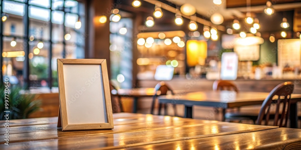 Cozy Cafe Ambiance Wooden Picture Frame in Warm Light Setting, Blurred Cafe Background, Tranquil Interior Commercial Concept Cozy Cafe Ambiance Wooden Picture Frame in Warm Light Setting, Blurred Cafe Background, Tranquil Interior Commercial Concept