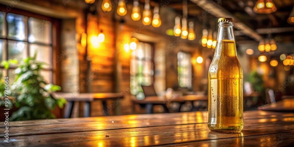 Craft Beer Bliss Luxury Golden Ale Bottle on Wood Table in Cozy Bar Setting, Relaxing Evening Vibes