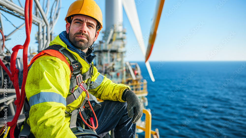 A wind turbine technician takes a break, overlooking the ocean from a height, showcasing the challenges of renewable energy work. A wind turbine technician takes a break, overlooking the ocean from a height, showcasing the challenges of renewable energy work.