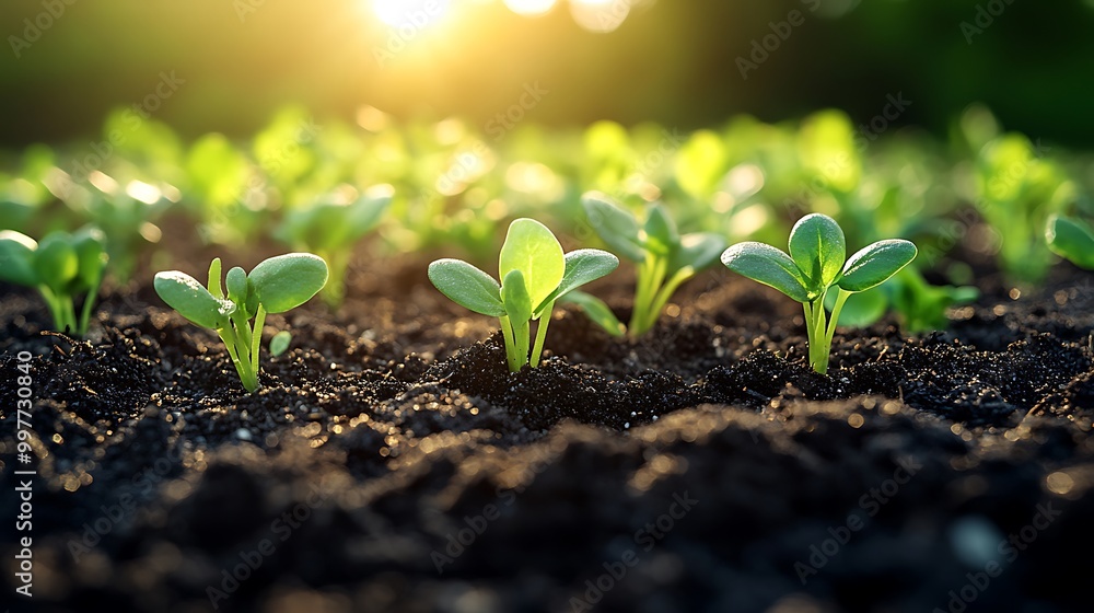 Close-up of fresh green sprouts emerging from rich, dark soil, sunlight filtering through the scene, illuminating the delicate new growth, with soft shadows highlighting the vibrant, young plants. Close-up of fresh green sprouts emerging from rich, dark soil, sunlight filtering through the scene, illuminating the delicate new growth, with soft shadows highlighting the vibrant, young plants.