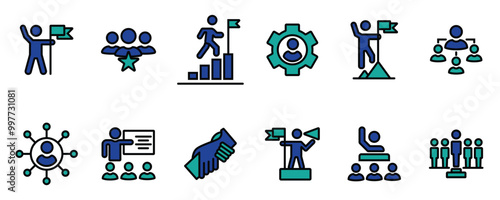 Leadership icon set. Human organization leader structure hierarchy. Mentorship, coaching, charisma, head, lead, chairman, manager. Vector illustration