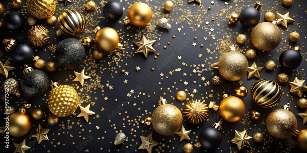 Luxurious Black and Gold Christmas Ornaments Festive Chaos on Dark Stone - Elegant Holiday Decorations with Shimmering Stars and Glitter for Modern Celebrations and Greetings Luxurious Black and Gold Christmas Ornaments Festive Chaos on Dark Stone - Elegant Holiday Decorations with Shimmering Stars and Glitter for Modern Celebrations and Greetings