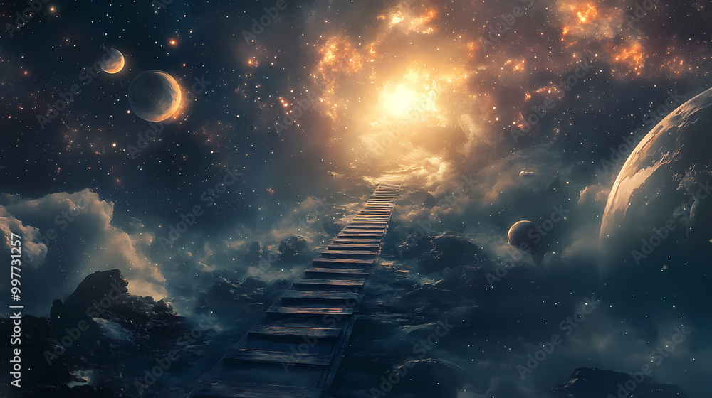 Obraz premium A mystical journey across the cosmos awaits on a ladder stretching from earth to the stars, beckoning adventurers. Space Odyssey. Illustration