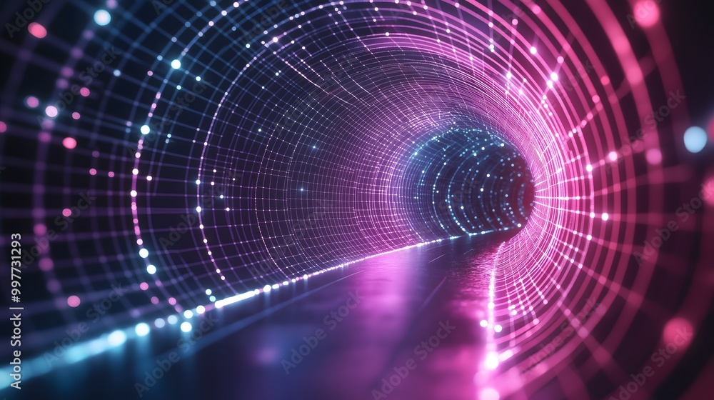 A mesmerizing digital tunnel glowing with vibrant lights, leading into an infinite space of intertwining colors and patterns, encapsulating the essence of modern art and technology combined. A mesmerizing digital tunnel glowing with vibrant lights, leading into an infinite space of intertwining colors and patterns, encapsulating the essence of modern art and technology combined.
