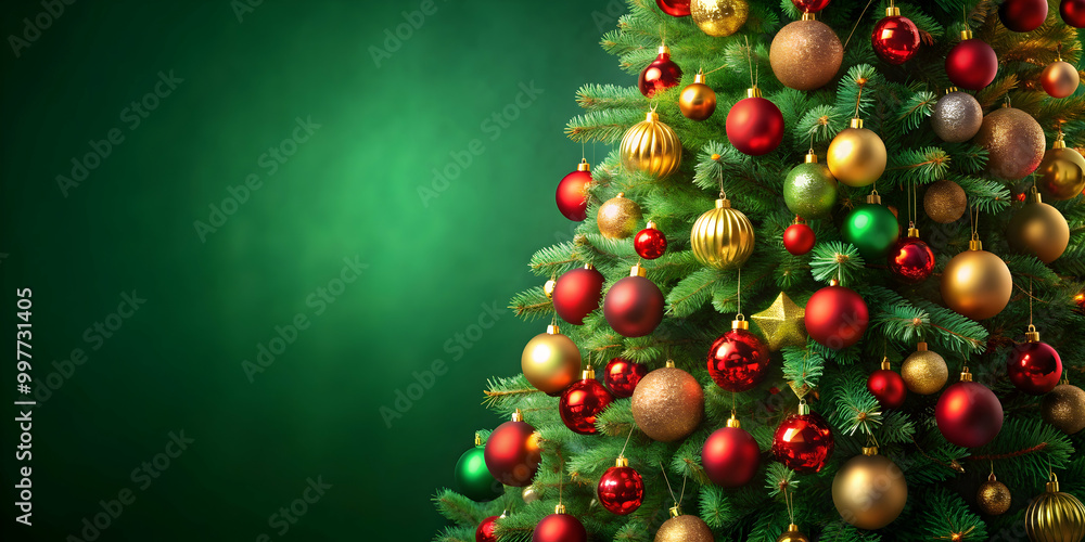 Festive green Christmas tree adorned with gold and red ornaments balls, Christmas, tree, green, festive, decorations, gold