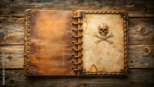 Vintage pirate-themed notebook with aged paper, weathered edges, and antique s , nautical, treasure map, skull and crossbones photo