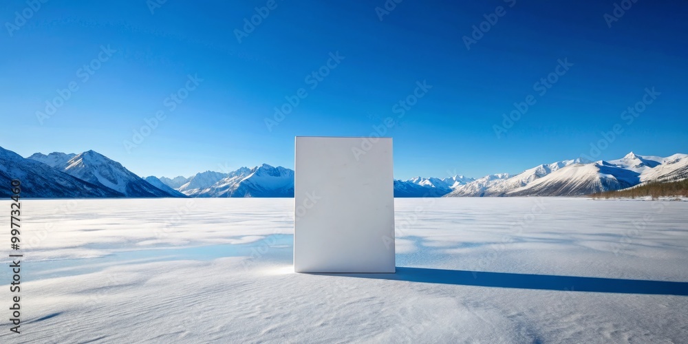 Fototapeta premium Winter Serenity Minimalist White Rectangle in Snowy Mountain Landscape - Tranquil Beauty, Solitude, Zen Elegance for Design, Advertising, and Stock - Blank Canvas for Creativity