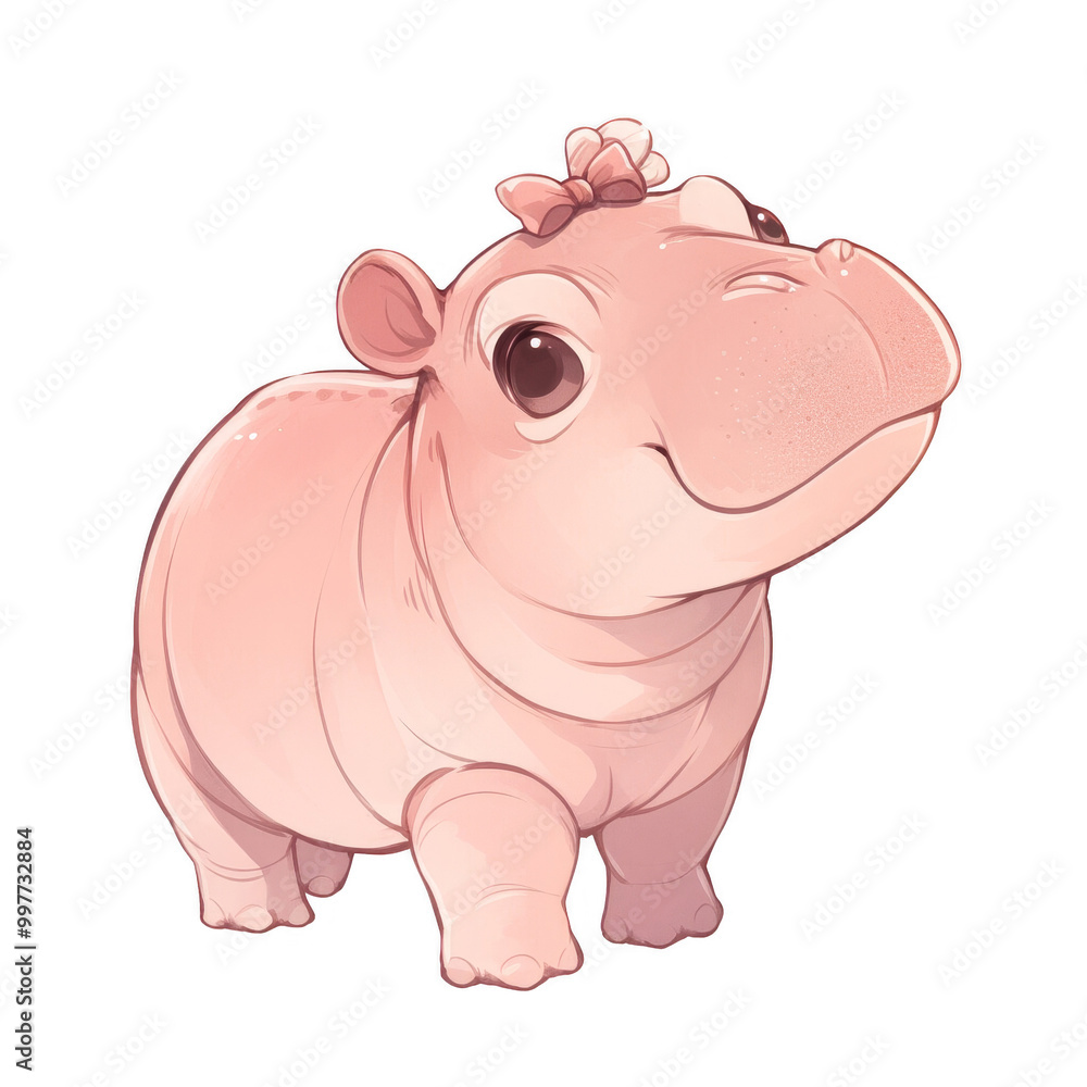 Naklejka premium Cute Cartoon Baby Hippopotamus with Pink Bow