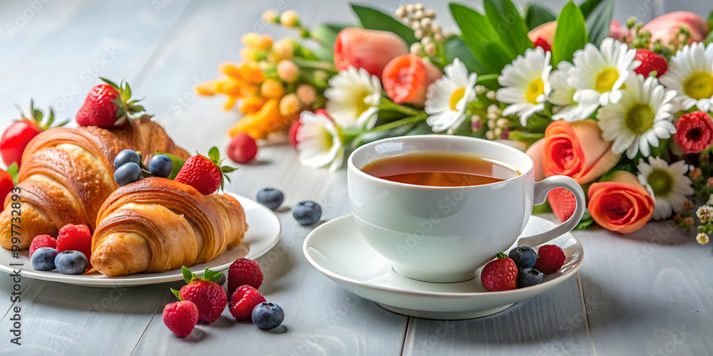 Festive breakfast setup with a cup of tea, croissants, berries, and flowers on a table , festive, breakfast, tea Festive breakfast setup with a cup of tea, croissants, berries, and flowers on a table , festive, breakfast, tea