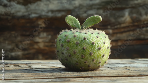 A sentient green apple with a cactus-like shape and soft, fuzzy texture sits on a rustic wooden table, looking more like a strange alien artifact than a fruit. Alien Artifact. Illustration photo