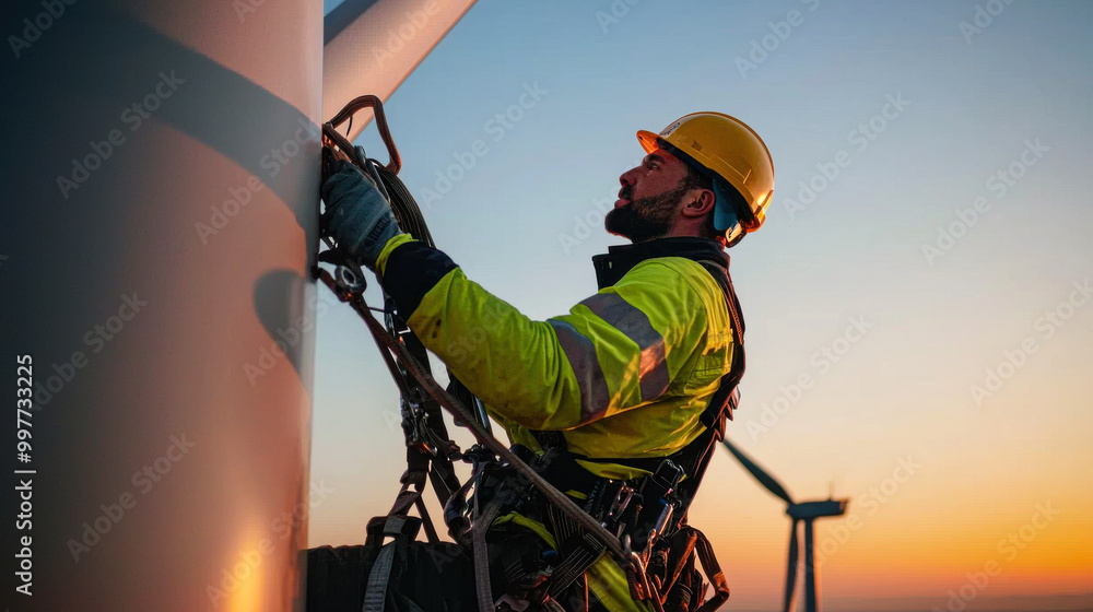 Obraz premium A worker climbs a wind turbine at sunset, showcasing dedication to renewable energy and safety in the outdoors.