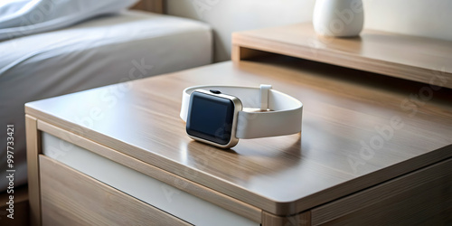 Nightstand mode display of Apple Watch on minimalist charging dock, Apple Watch, nightstand mode, minimalist photo