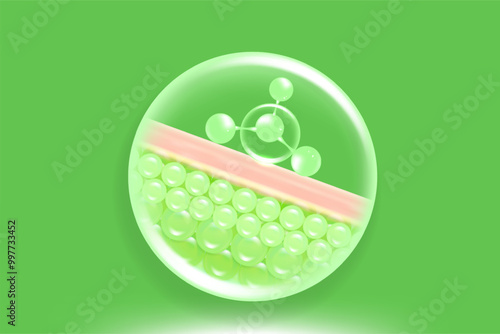 Hyaluronic acid and Niacinamide skin solutions ad, green collagen serum drops into skin cell with cosmetic advertising background ready to use, illustration vector.