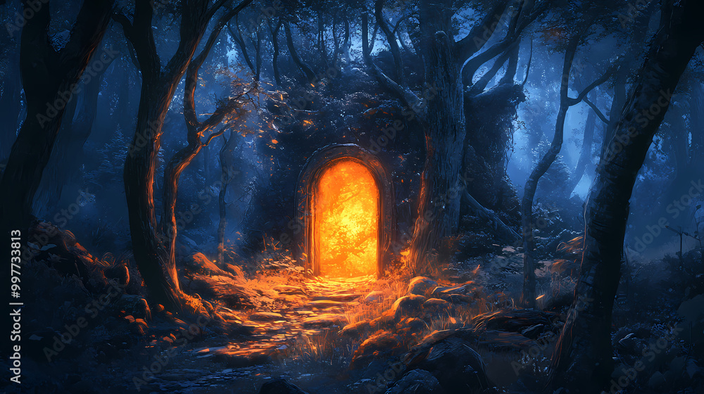 Obraz premium A spooky forest with a mysterious, glowing portal between the trees. Mythical Portal. Illustration