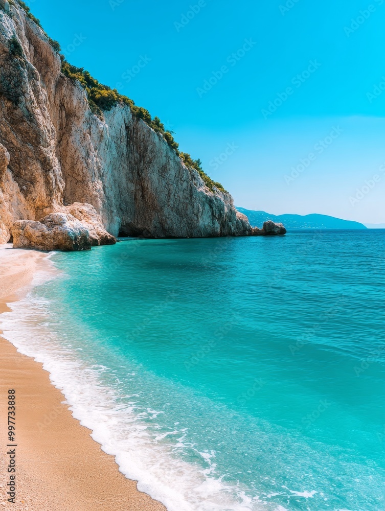 A breathtaking view of a pristine Greek beach featuring towering cliffs, crystal clear turquoise water, and soft white sand. The scene evokes a sense of tranquility, beauty, and escape. A breathtaking view of a pristine Greek beach featuring towering cliffs, crystal clear turquoise water, and soft white sand. The scene evokes a sense of tranquility, beauty, and escape.