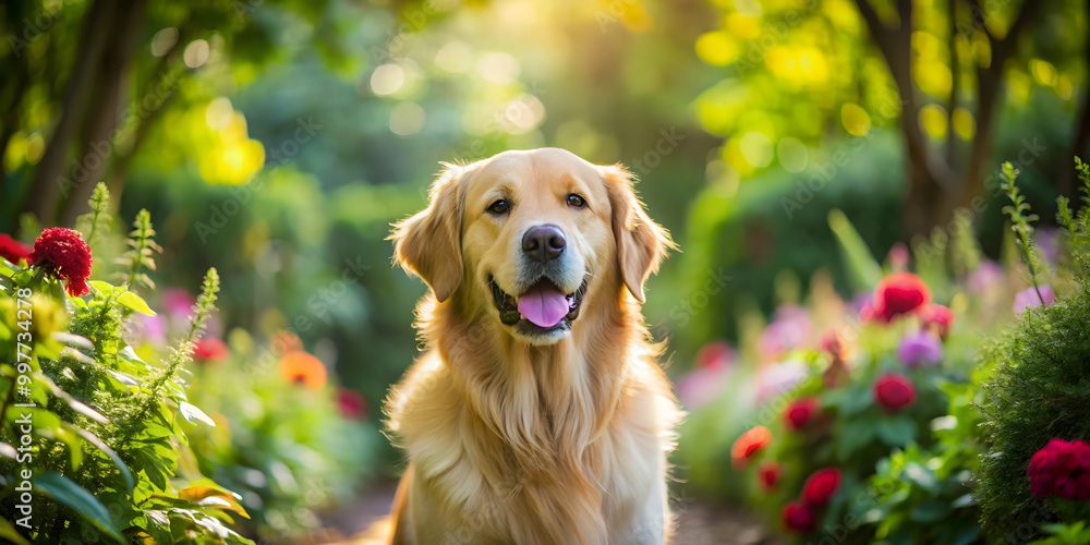 Golden retriever enjoying playing in a lush garden setting, dog, pet, animal, breed, gardening, playing, happy, outdoor, nature Golden retriever enjoying playing in a lush garden setting, dog, pet, animal, breed, gardening, playing, happy, outdoor, nature