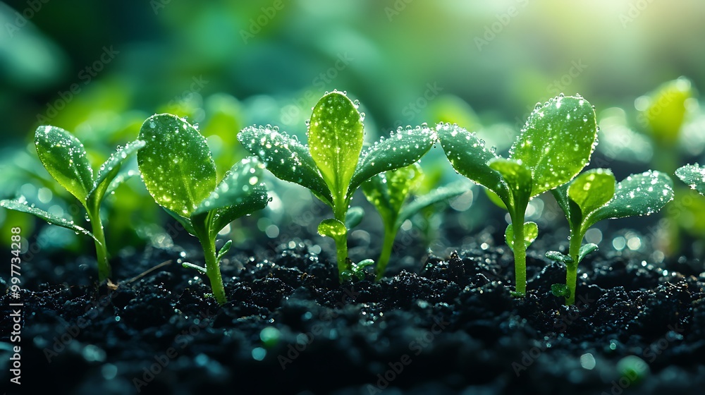 Close-up of new sprouts emerging from dark, nutrient-rich soil, with droplets of morning dew clinging to the fresh green leaves, soft sunlight filtering through the scene, Close-up of new sprouts emerging from dark, nutrient-rich soil, with droplets of morning dew clinging to the fresh green leaves, soft sunlight filtering through the scene,