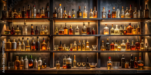 A dark and moody liquor bar with shelves of various bottles, glasses, and dim lighting, Liquor, bar, alcohol, bottles