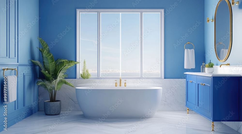 Fototapeta premium a modern bathroom with blue walls, a white marble floor, and golden accessories.