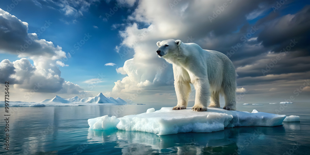Polar bear standing on melting iceberg symbolizing climate change ...