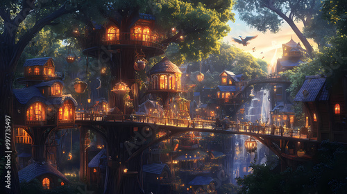 A vibrant metropolis of shimmering treehouses and bustling marketplaces filled with whimsical creatures like talking birds and tree . . Fantasy Marketplace. Illustration