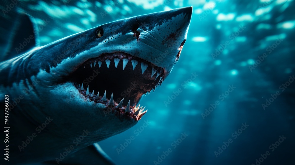 Obraz premium A menacing close-up of a fierce shark's rugged face, showcasing its sharp teeth and powerful jaw, symbolizing raw power, danger, ocean predator, and wild nature.