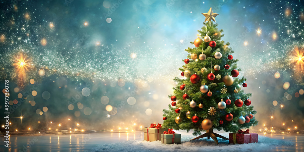 of Christmas tree in imaginary landscape surrounded by festive decorations, Christmas, tree, ornaments, decorations, holiday of Christmas tree in imaginary landscape surrounded by festive decorations, Christmas, tree, ornaments, decorations, holiday