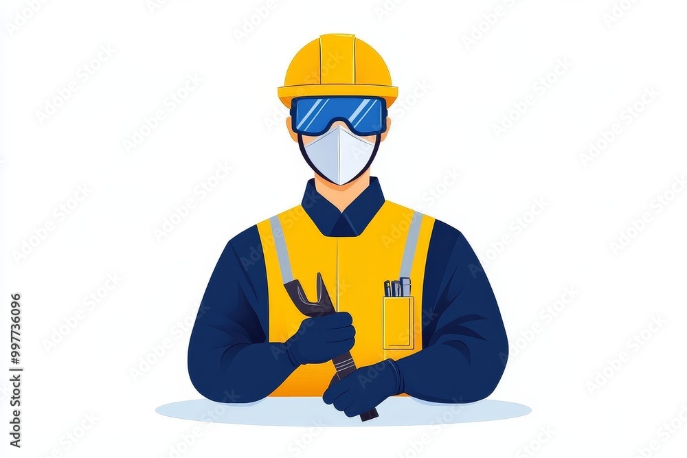 A minimalist icon of an engineer wearing a hard hat, safety glasses, and a face mask, holding a wrench. This illustration represents safety, construction, and professionalism in the engineering field A minimalist icon of an engineer wearing a hard hat, safety glasses, and a face mask, holding a wrench. This illustration represents safety, construction, and professionalism in the engineering field