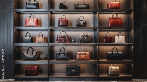 Luxury retail store featuring a variety of leather handbags and accessories, elegantly arranged on modern shelves.