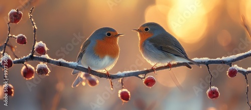 Two Robins Perched on a Snowy Branch