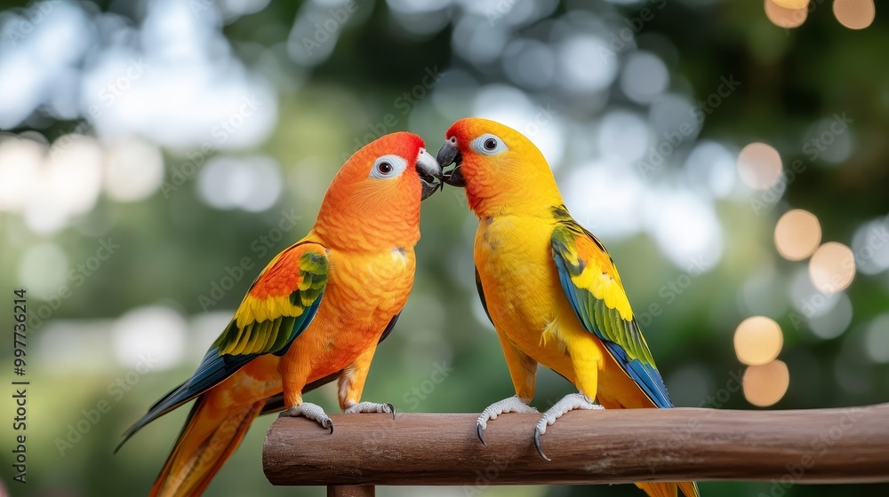 Obraz premium A pair of colorful parrots sharing a tender kiss, symbolizing love, connection, nature, beauty, and joy.