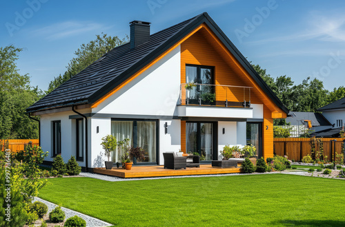 Modern family house with white walls and black roof, front view, surrounded by a green lawn, fence around the garden, black wood window frames, wooden floor on the terrace