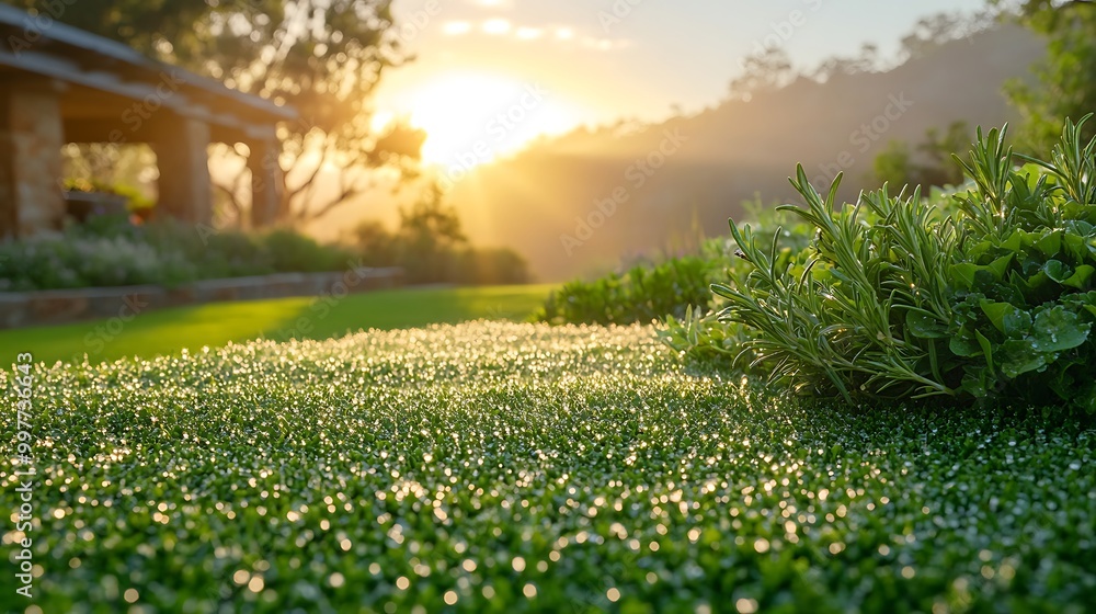 Fototapeta premium Dew-covered herbs in a well-maintained garden, the sun rising in the background, casting soft light on the glistening leaves of rosemary, oregano, and parsley, creating a tranquil, morning atmosphere.