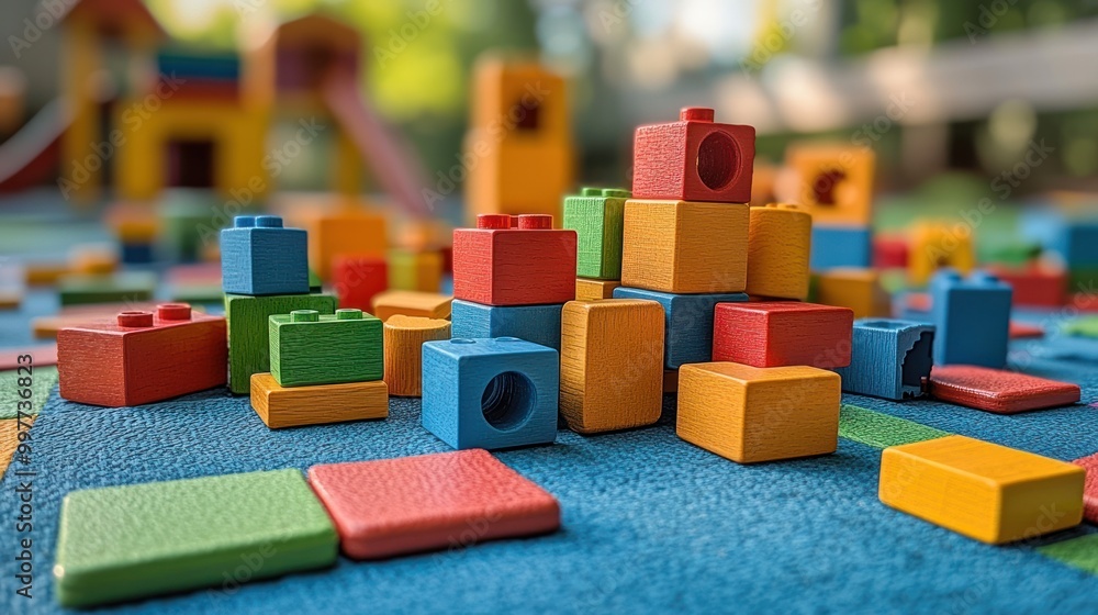Colorful building blocks scattered on a play area mat. Colorful building blocks scattered on a play area mat.