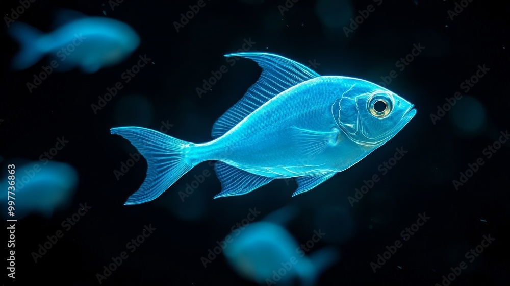 Naklejka premium A single blue fish with a bioluminescent glow swims in a school, showcasing the beauty of underwater life and the concept of bioluminescence, unity, underwater world, aquatic life, and marine life.