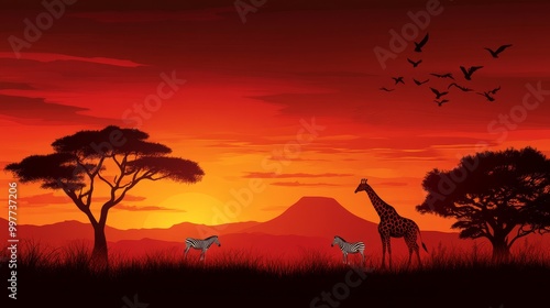 Fototapeta Naklejka Na Ścianę i Meble -  A stunning sunset over the African savanna, featuring silhouettes of giraffes and zebras against a vibrant orange sky. The scene evokes feelings of adventure, wildlife, and the beauty of nature.