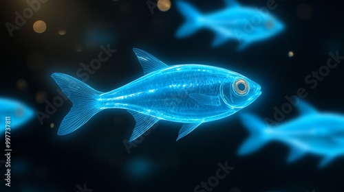 A vibrant school of neon blue fish swim in a dark, deep sea, symbolizing unity, movement, life, mystery and underwater beauty.