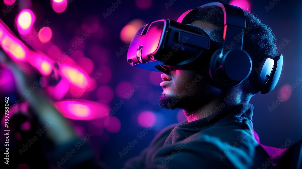 A young man wearing a VR headset, fully immersed in a virtual world, showcasing the potential of virtual reality technology. A young man wearing a VR headset, fully immersed in a virtual world, showcasing the potential of virtual reality technology.
