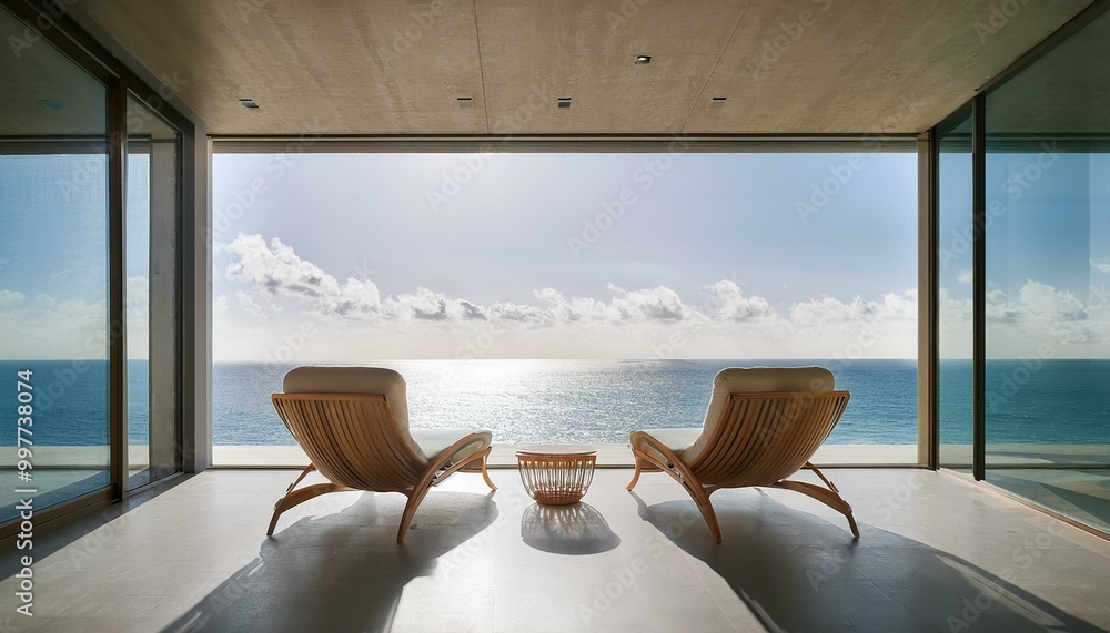 Fototapeta premium a modern, minimalist interior space featuring two lounge chairs positioned in front of a large glass window. The window offers a panoramic view of the ocean, with calm waters extending to the horizon.
