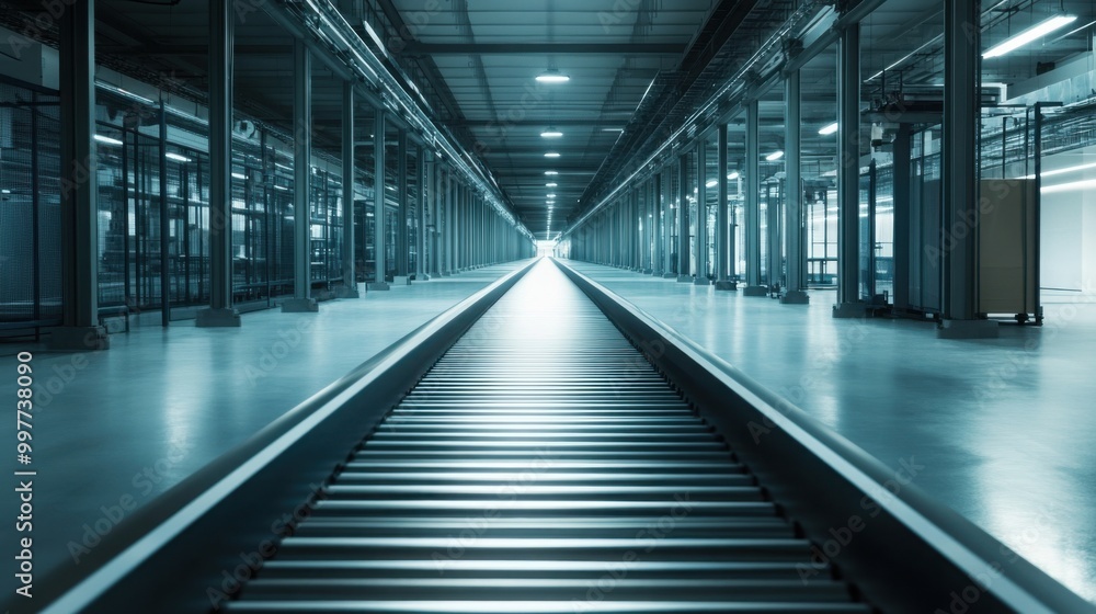 conveyor belt inside a quiet, empty factory space conveyor belt inside a quiet, empty factory space